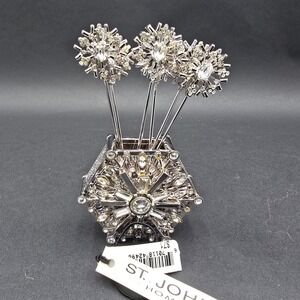 St. John Home Crystal Snowflake Cocktail Pick Set with Holder Silver Tone New
